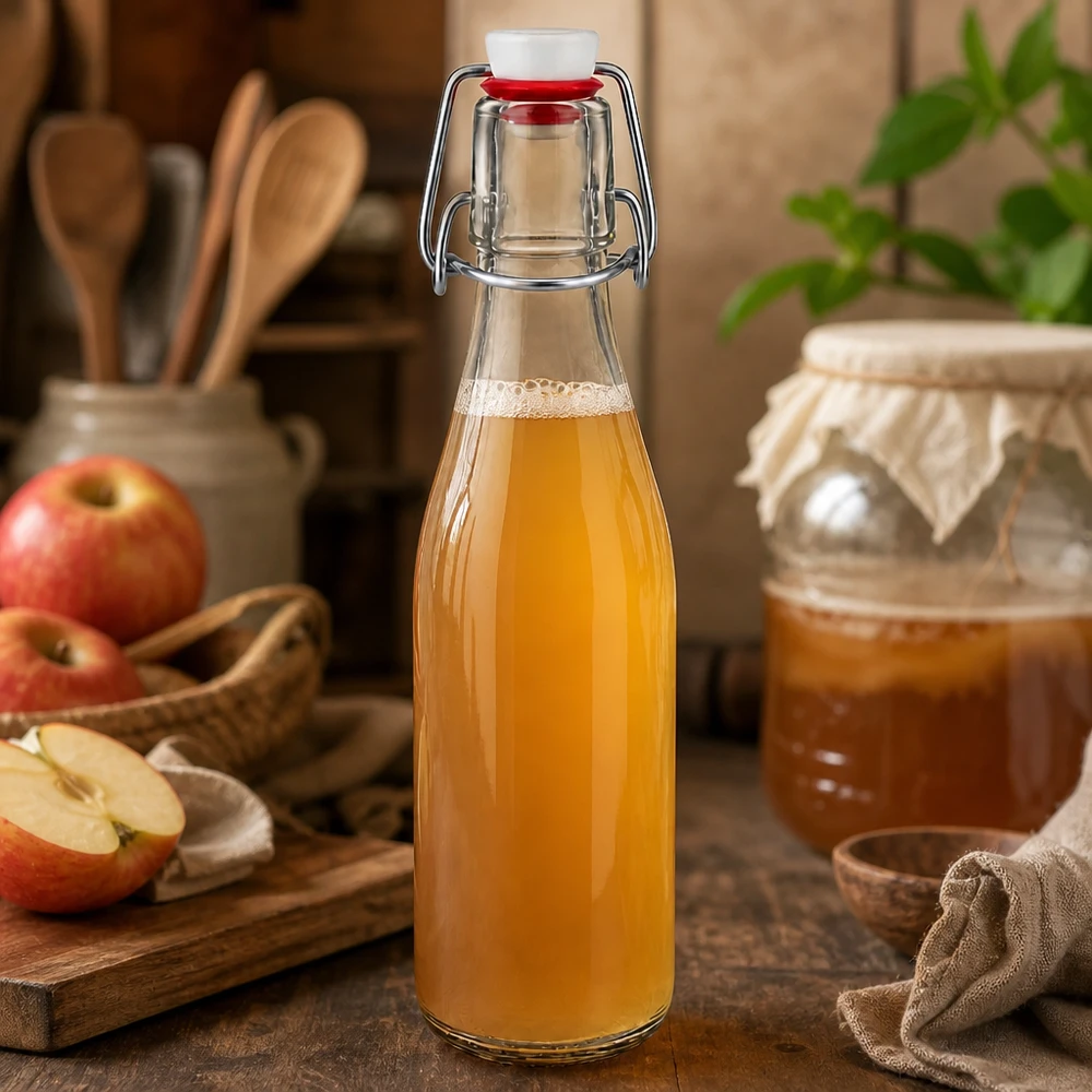 Bottiglia in vetro da 250 ml + tappo oscillante in porcellana UNiTWIST - Acquista qui! Bottiglia di vetro da 250 ml con tappo oscillante riempita di succo di mela, fette di mela e barattolo di marmellata sullo sfondo