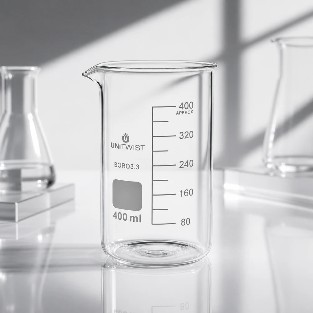 Bicchiere di vetro trasparente vuoto da 400 ml, forma alta, borosilicato 3.3, con scala da 80 a 400 ml, UNITWIST