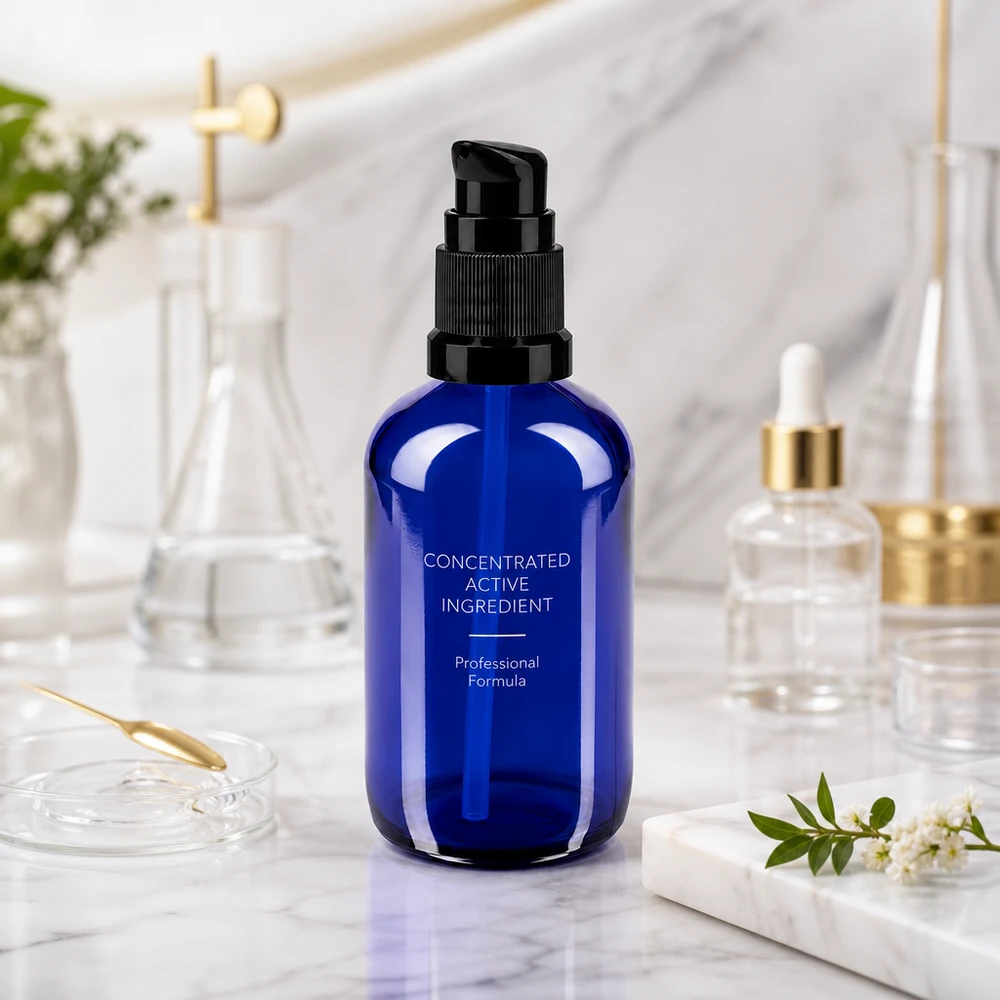 Bottiglia a pompa blu 100ml STD nero ApoGlas Flacone professionale da 100 ml con dosatore, in vetro da farmacia blu cobalto, in ambiente di laboratorio con matraccio di Erlenmeyer