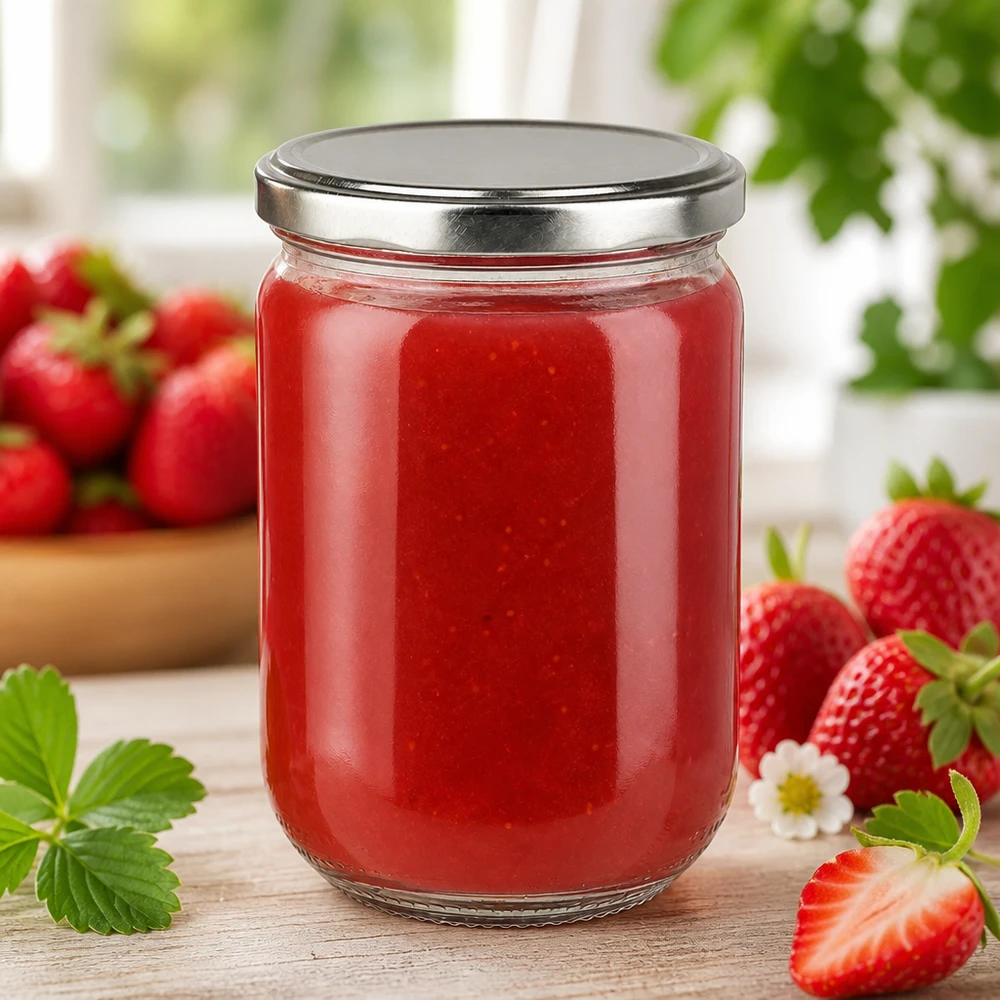 Vaso rotondo in vetro da 555 ml + coperchio BasicSeal argento UNiTWIST Vasetto da 555 ml con coperchio twist-off argentato, riempito con una cremosa crema spalmabile alla fragola