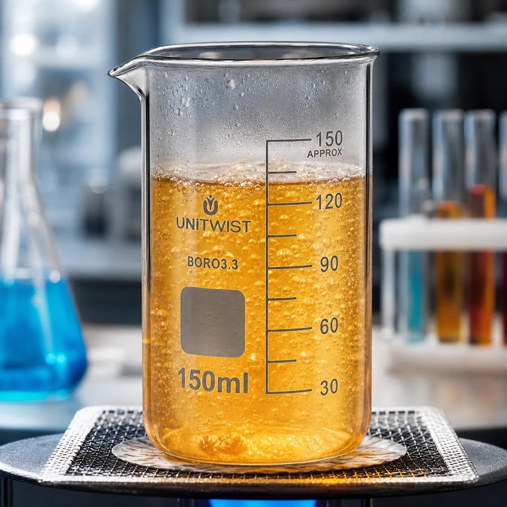 UNITWIST: becher da 150 ml, forma alta, in borosilicato, con liquido giallo-arancio in ebollizione su una piastra riscaldante