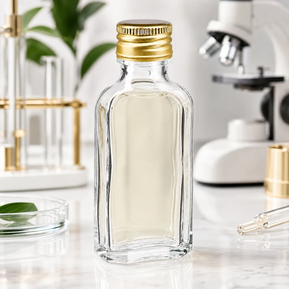 Fialetta miniaturizzata trasparente da 50 ml con tappo a vite in alluminio dorato lucido PP22 in un laboratorio scientifico