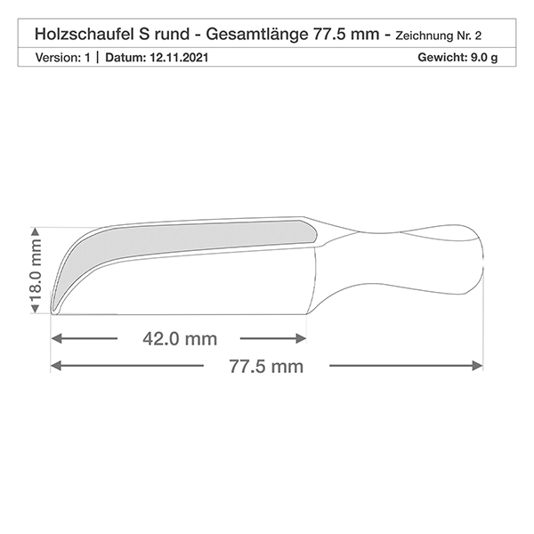 Paletta di legno taglia S a forma semicircolare lunga 7,5 cm Disegno dimensionale dettagliato della pala piccola in legno di faggio con lunghezza della pala di 42 mm e altezza di 18 mm vista laterale