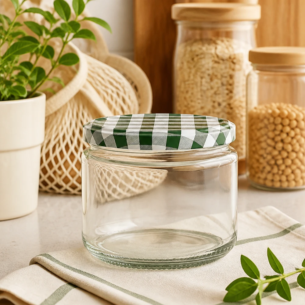 Barattolo rotondo da 330 ml + coperchio BasicSeal verde/bianco UN.. Vaso rotondo da 330 ml vuoto con coperchio BasicSeal verde e bianco sul tavolo della cucina, vasi di stoccaggio e piante sullo sfondo