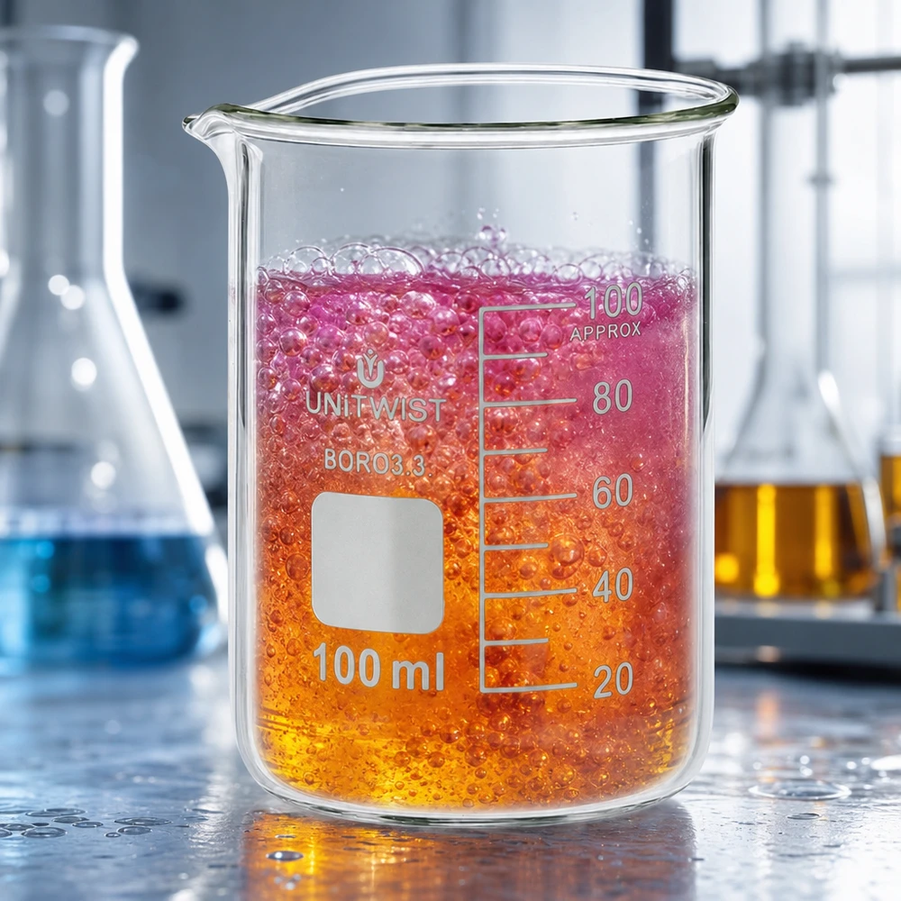 Bicchiere da laboratorio da 100 ml, forma bassa, con liquido di reazione arancione-rosa e formazione di bolle UNiTWIST