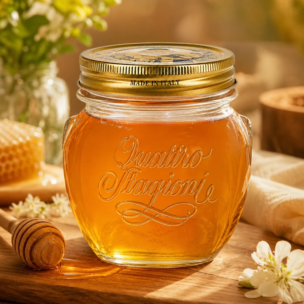 Quattro Stagioni Barattolo rotondo da 300 ml con coperchio dorato pieno di miele su tavolo di legno Made in Italy