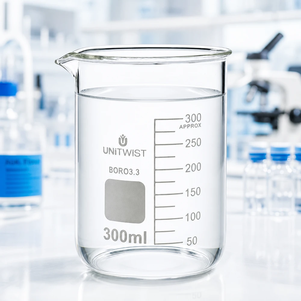Immagine di laboratorio: becher UNiTWIST da 300 ml in vetro borosilicato a forma bassa con scala di misurazione sullo sfondo; microscopio
