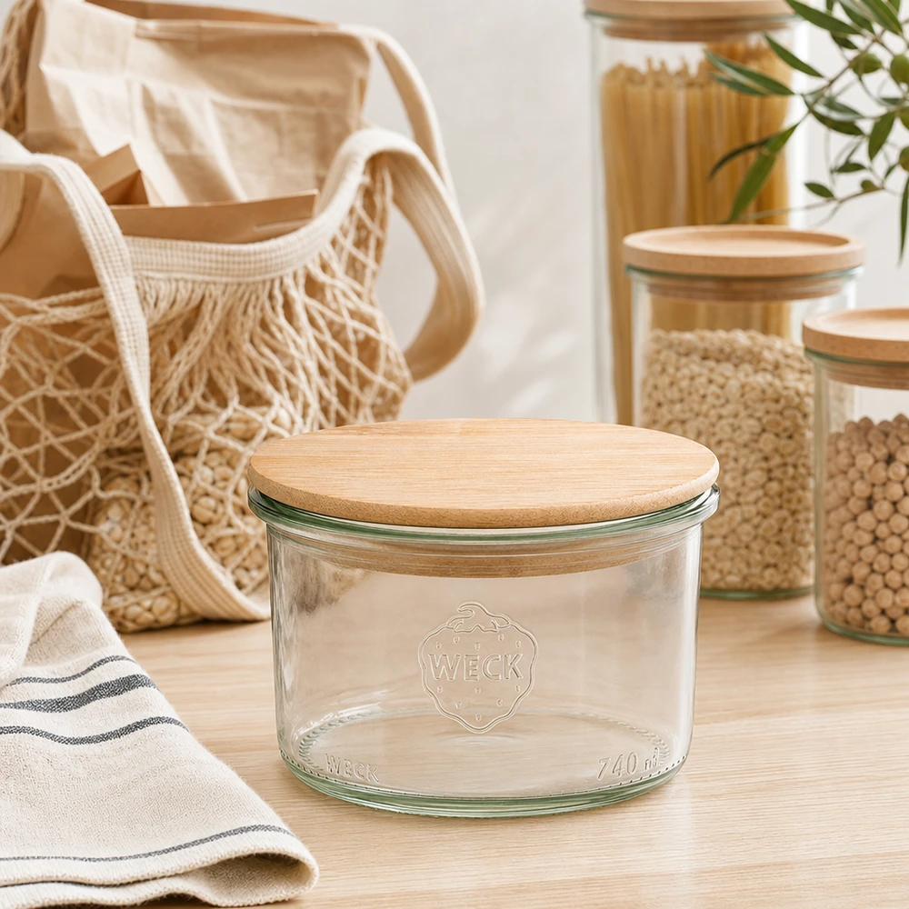 Bicchieri da 200 ml WECK RR80 con coperchio in legno WECK Sturzglas 200ml mit Holzdeckel in moderner Zero-Waste Küche mit Vorratsgläsern und nachhaltigen Textilien