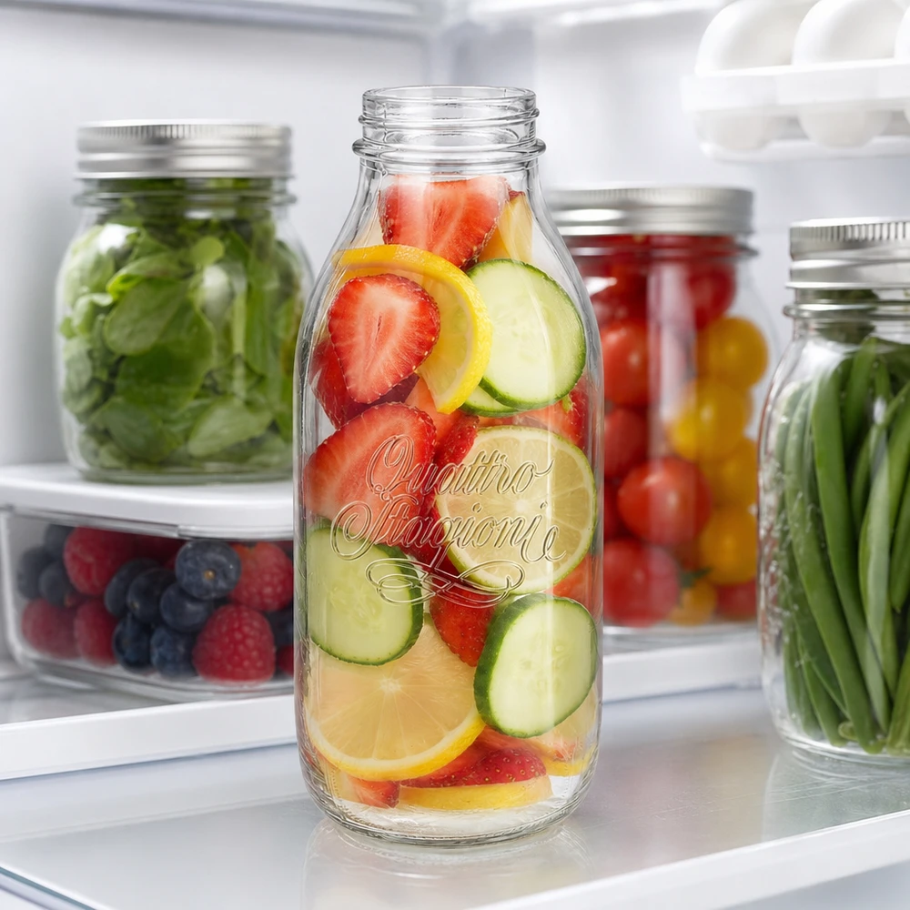 Bottiglia a collo largo "Quattro Stagioni" da 1000 ml Quattro Stagioni 1000ml Weithalsflasche mit Obst und Gemüse im Kühlschrank für Infused Water und Meal Prep