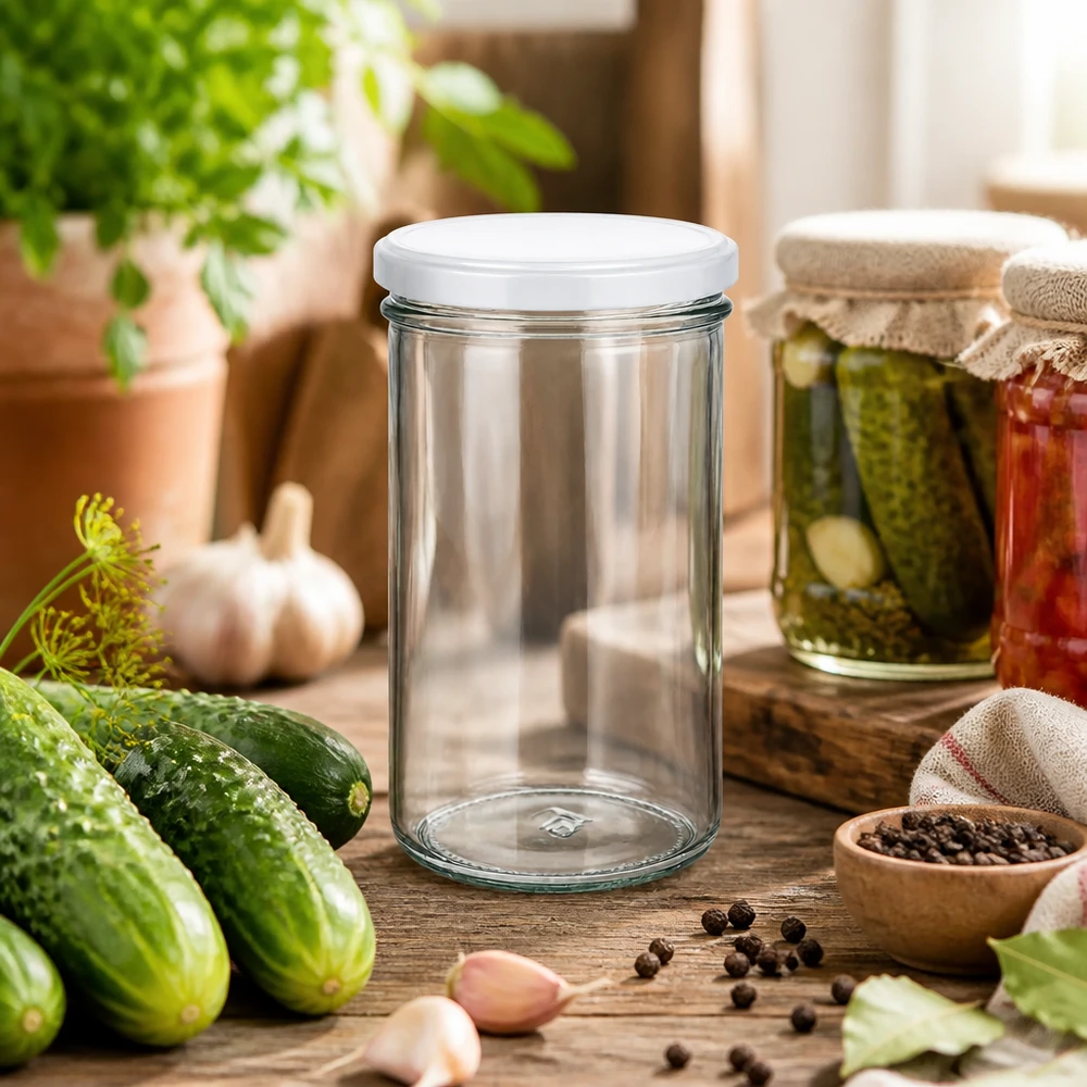Bicchieri da 277 ml con coperchio BasicSeal bianco UN.. 277ml Sturzglas in rustikaler Küchenszene mit Gurken und Gewürzen - vielseitiges Einmachglas für Pickles