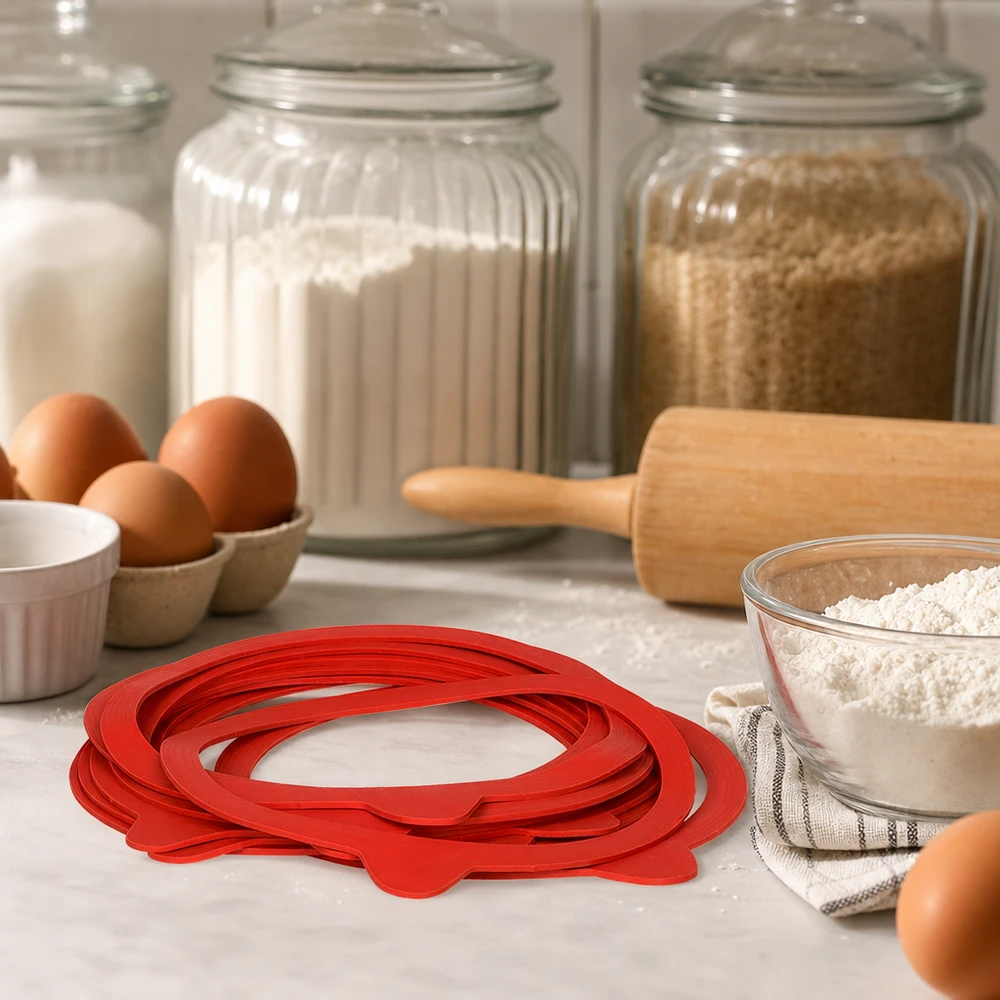 Anelli rossi per conserve RR120 in gomma naturale in cucina con uova, farina, mattarello e vasetti per conserve
