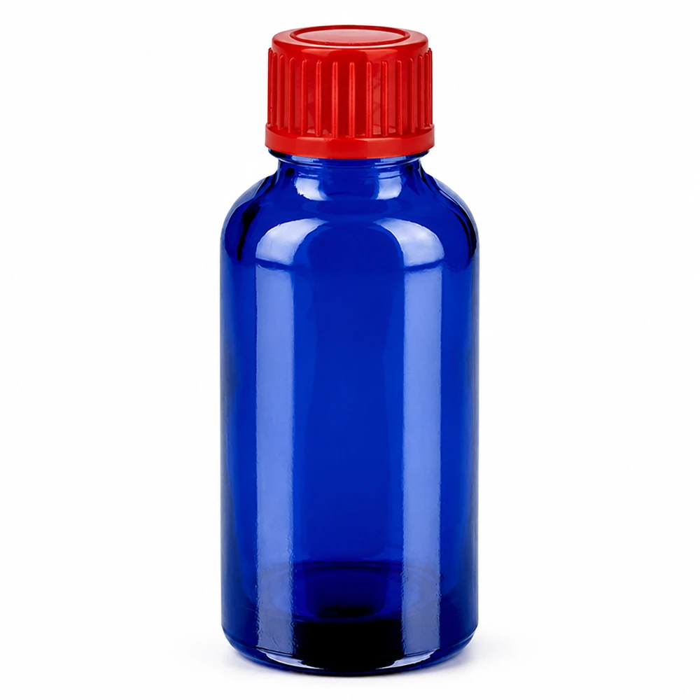 Flacone da 30ml 11mm SV rosso STD BlueLine UT18/30 Flacone da farmacia da 30 ml blu con tappo standard rosso per farmaci liquidi