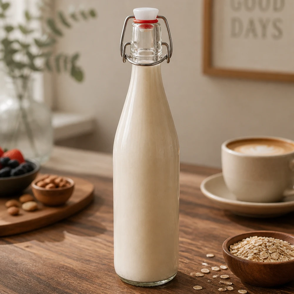 Bottiglia di vetro a capote 500ml riempita di latte d'avena su tavolo di legno accanto a tazza da caffè e farina d'avena