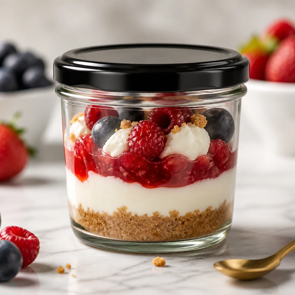 Bicchieri da 230 ml con coperchio BasicSeal nero UNiTWIST. Bicchieri da 230 ml con coperchio BasicSeal nero riempiti di dessert ai frutti di bosco per un'elegante porzione e presentazione