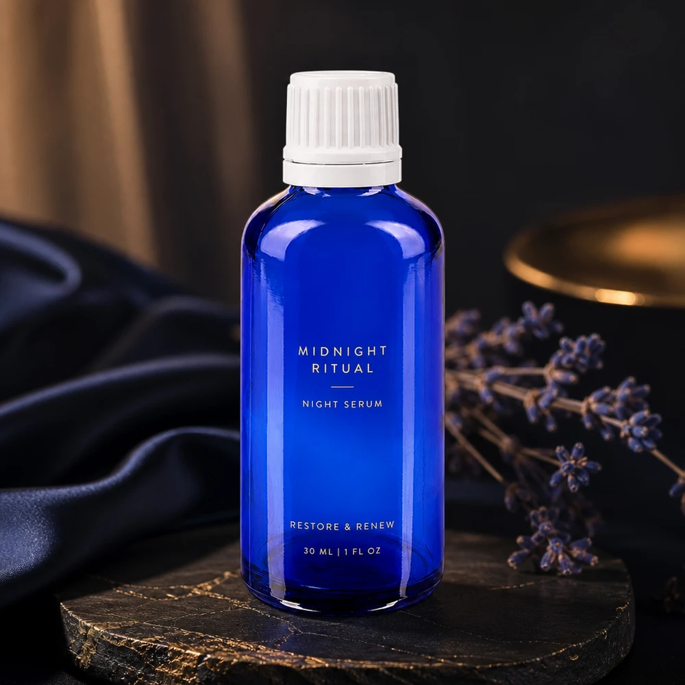 Flacone di vetro blu da 30 ml con tappo di sicurezza per bambini bianco, su una base di pietra scura
