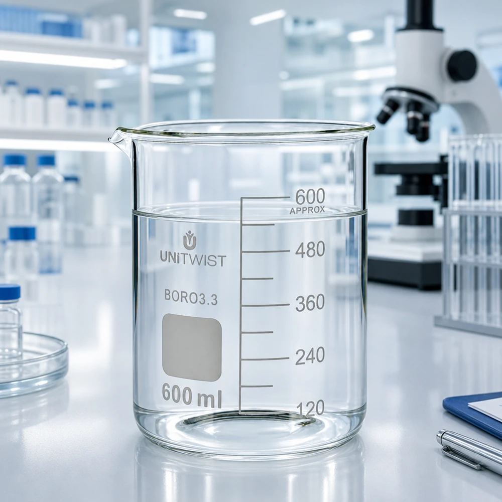 Bicchiere da laboratorio UNiTWIST da 600 ml in borosilicato 3.3 trasparente con spazio per l'etichettatura in un laboratorio moderno