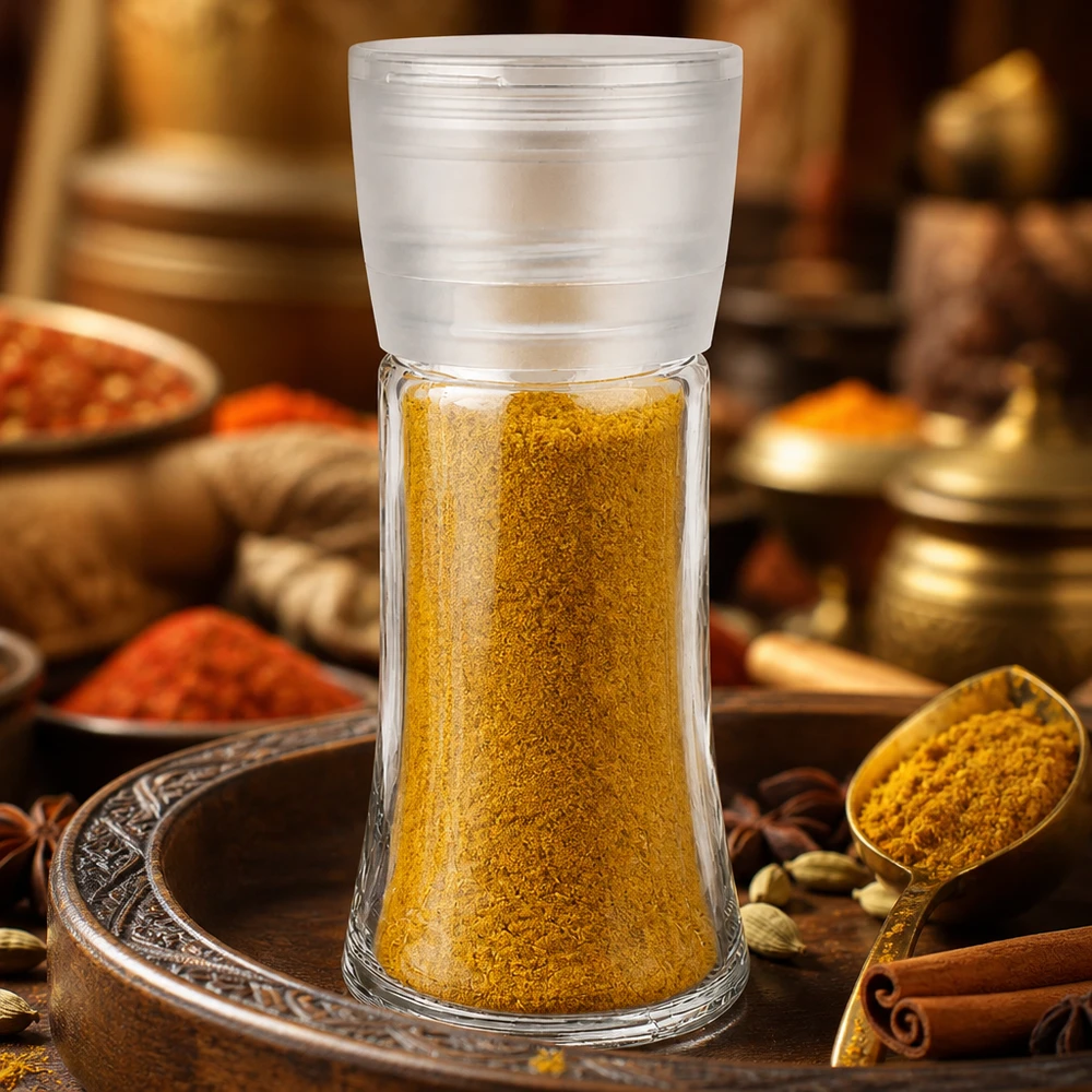 Barattolo per sale e spezie da 95 ml con macinino Vario bianco Barattolo per spezie Vario da 95 ml con macinino bianco, riempito di curry in polvere giallo in un’ambientazione orientale