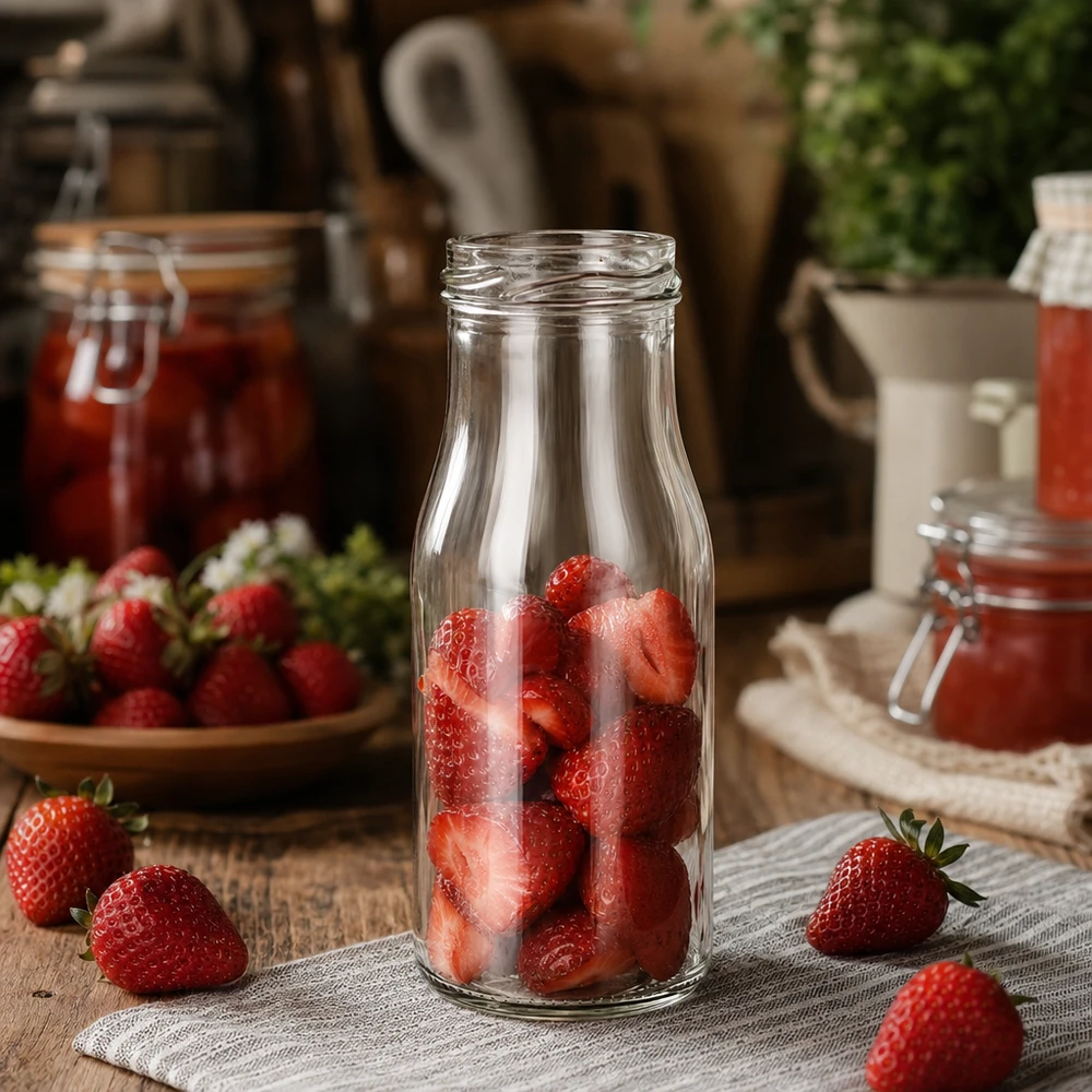 UNiTWIST Bottle150 - Bottiglia capacità 150ml TO43 UNiTWIST Bottle150 Bottiglia di vetro da 150 ml TO43 riempita di fragole fresche su un tavolo di legno rustico con barattoli di marmellata