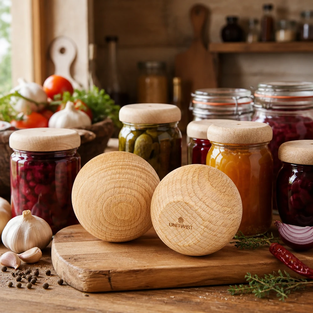Palline UNiTWIST in legno di faggio WECK RR60 in una cucina rustica con barattoli di conserva e ingredienti freschi Esempio di applicazione