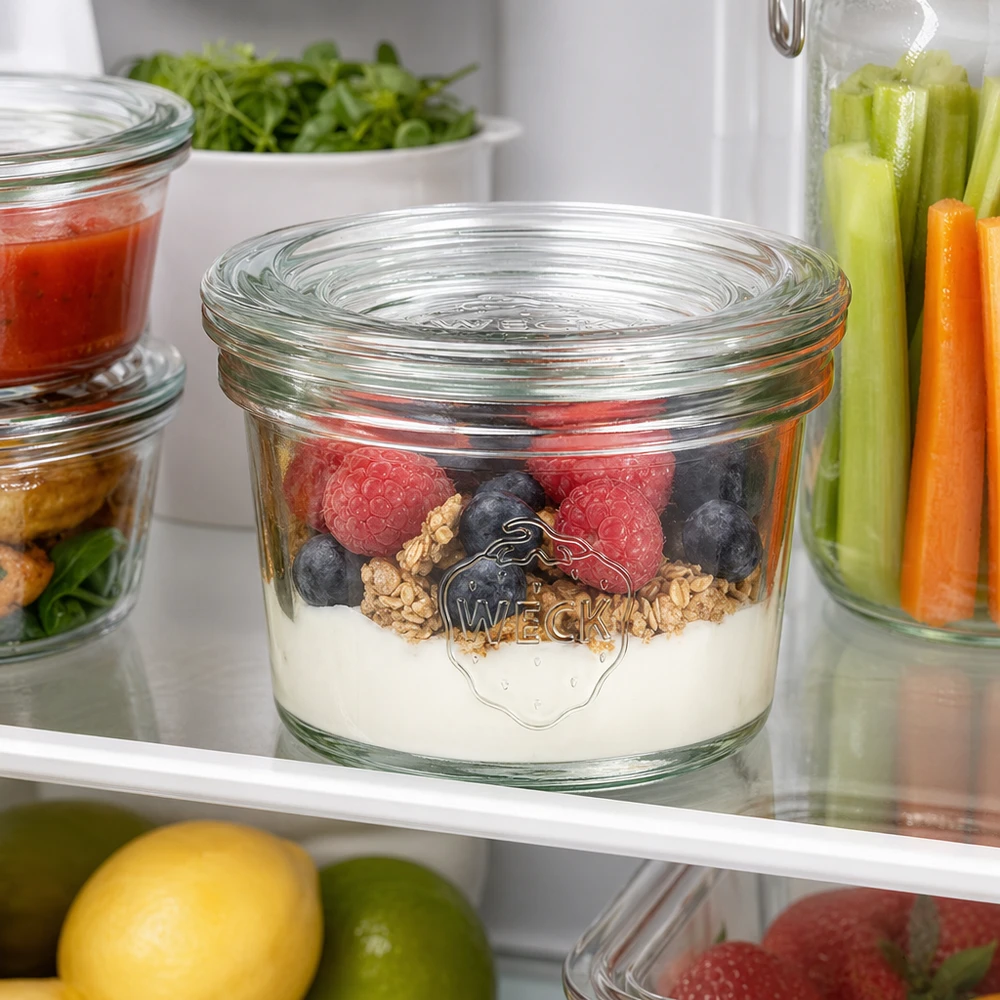 Bicchieri da 35 ml con coperchio in vetro WECK RR40 Tumbler WECK RR40 da 35 ml con bacche di yogurt e noci in frigorifero accanto a bastoncini di verdure ed erbe aromatiche