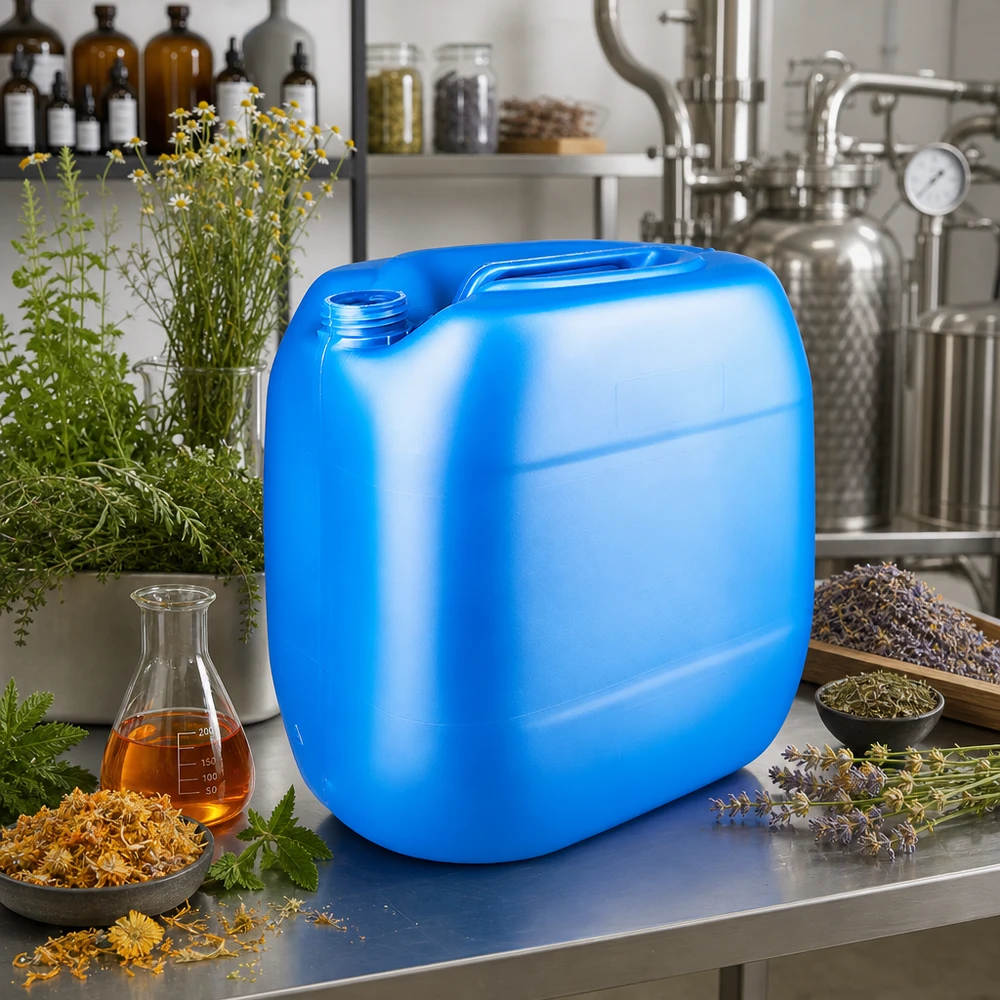 Tanica 30 litri blu senza tappo Grande tanica di plastica blu da 30 litri senza tappo, circondata da erbe aromatiche e da un alambicco