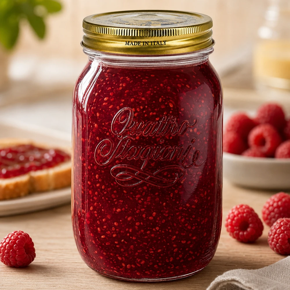 Vaso Quattro Stagioni da 1000 ml riempito di marmellata di lamponi circondato da lamponi freschi Vaso da conserva italiano