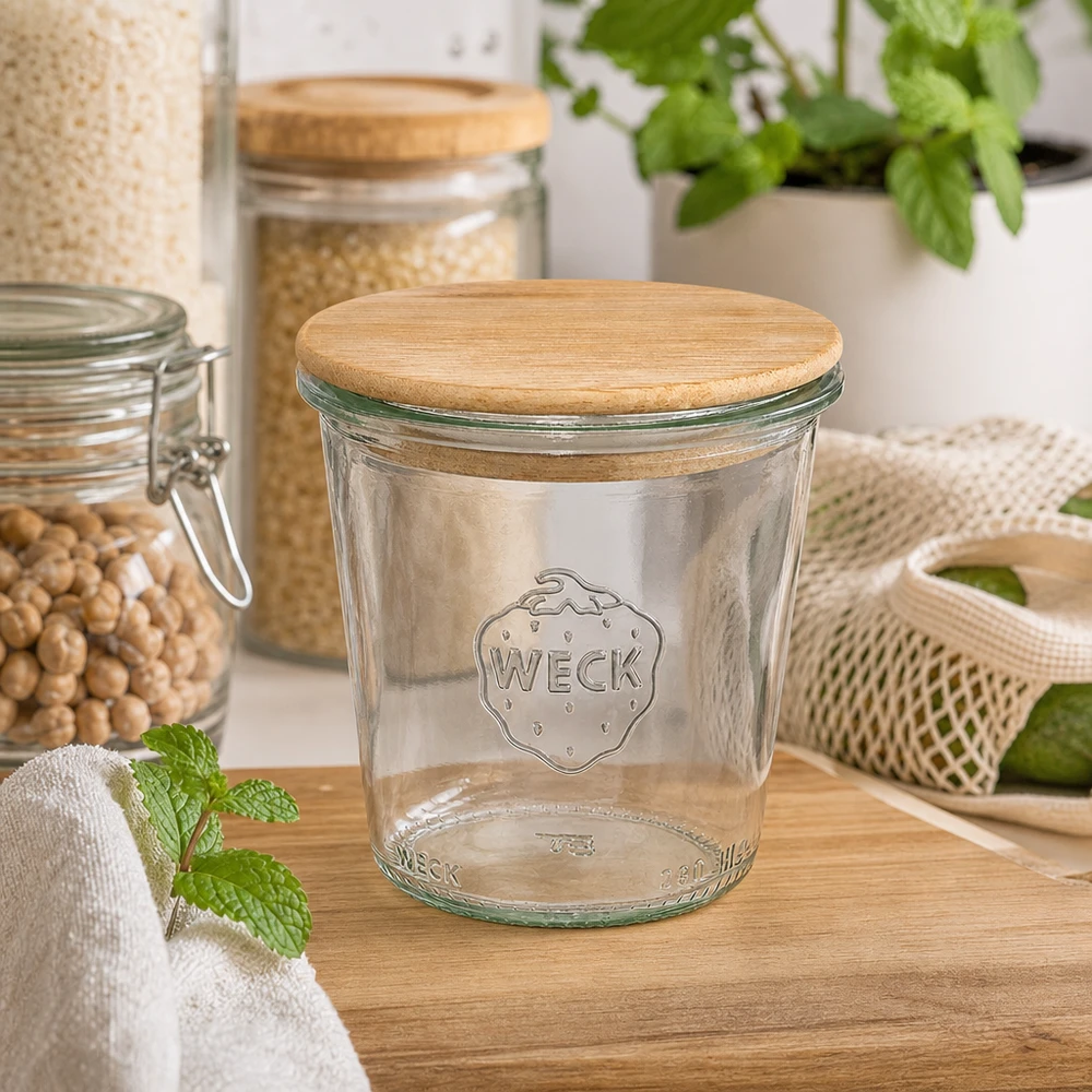 WECK tumbler 290ml RR80 con coperchio in legno in cucina sostenibile con barattoli di stoccaggio erbe e materiali naturali