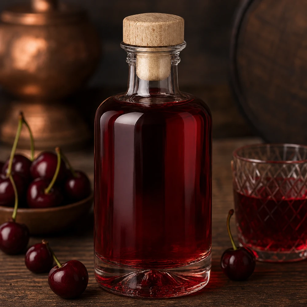 Flacone farmaceutico da 100 ml Sofia con tappo in sughero con impugnatura in legno UNiTWIST® 100ml Glasflasche Sofia mit Holzkorken gefüllt mit rotem Kirschlikör neben frischen Kirschen rustikale Küche