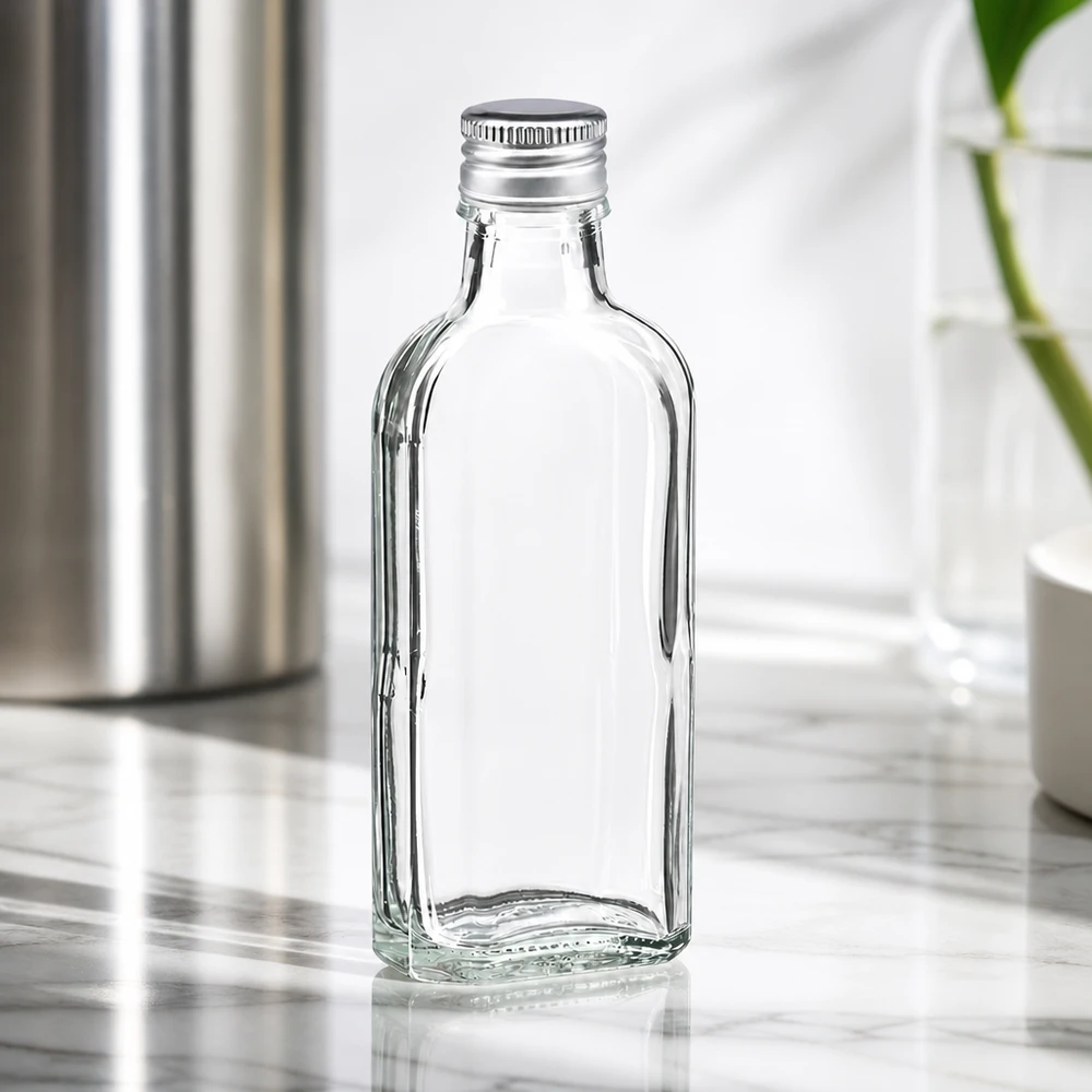 100 ml Meplat trasparente con tappo in alluminio argento PP22 Flacone in vetro trasparente Meplat da 100 ml con tappo in alluminio argentato PP22 su fondo marmorizzato
