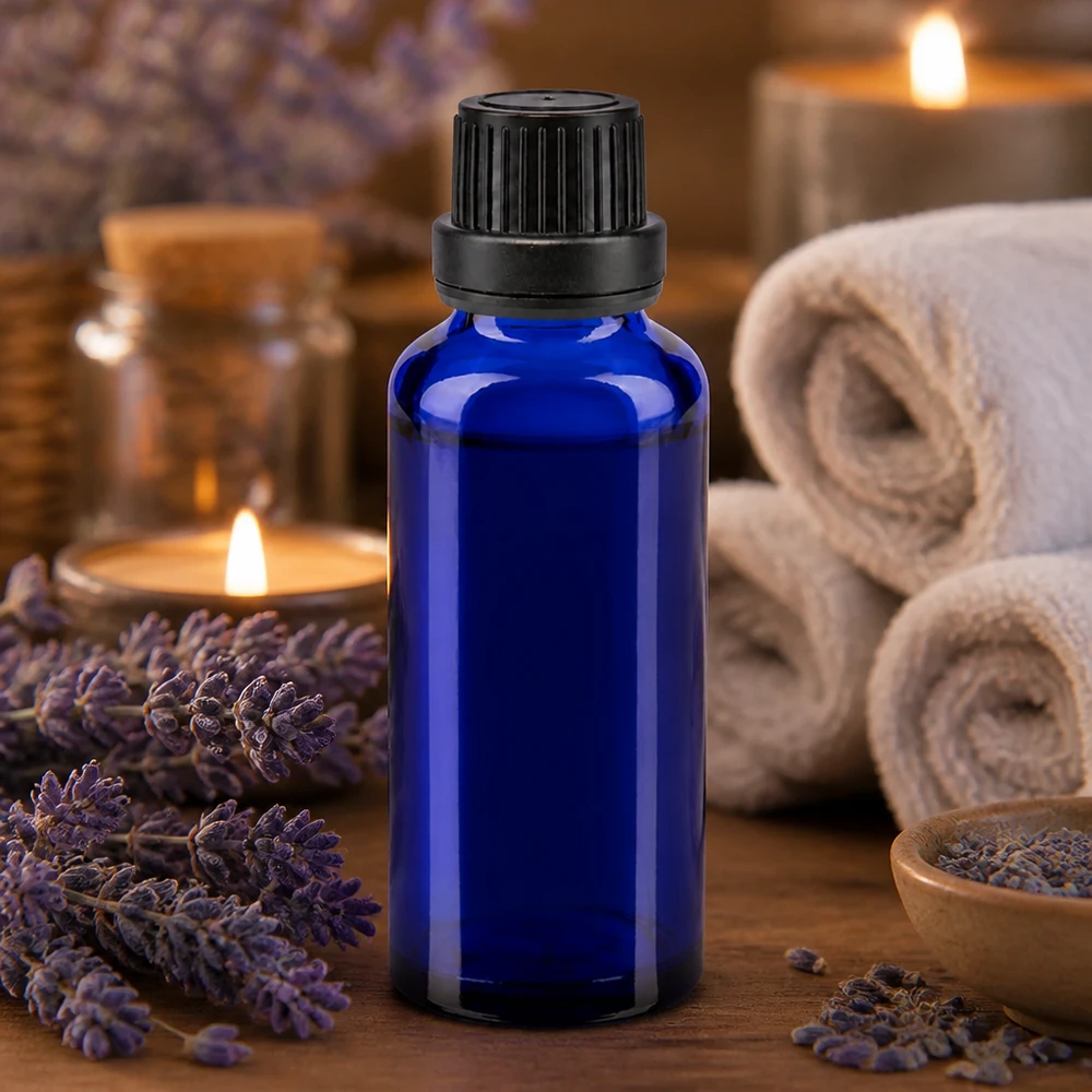 Bottiglia da farmacia blu da 30ml. SV OV nero/11mm ApoGlas Flacone di vetro blu da 30 ml con tappo contagocce per olio di lavanda e applicazioni di aromaterapia
