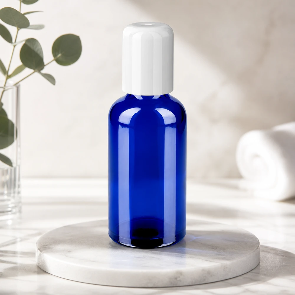 Flacone roll-on da 50 ml bianco STD BlueLine UT18/50 Flacone roll-on da 50 ml in vetro con superficie opaca in blu per la conservazione igienica del prodotto