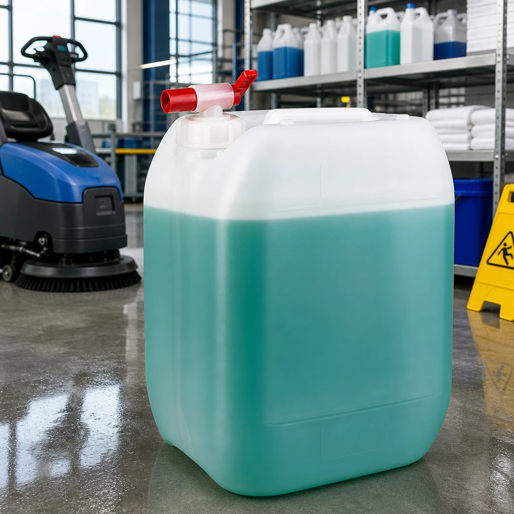 Tanica da 10 litri con rubinetto di scarico Tanica da 10 litri color turchese con rubinetto rosso in un deposito di prodotti per la pulizia professionale