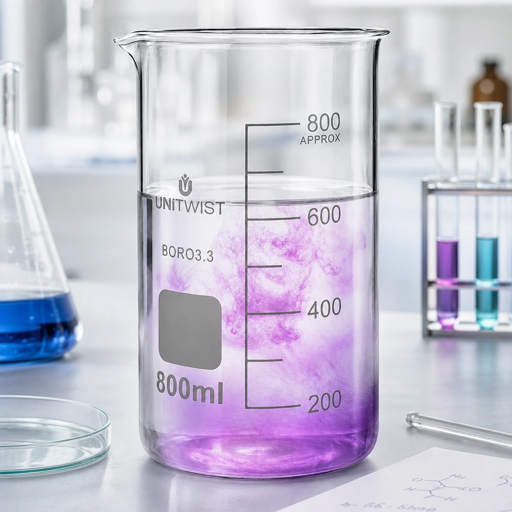 Becher da 800 ml, modello alto UNITWIST, con liquido viola in laboratorio; vetro borosilicato