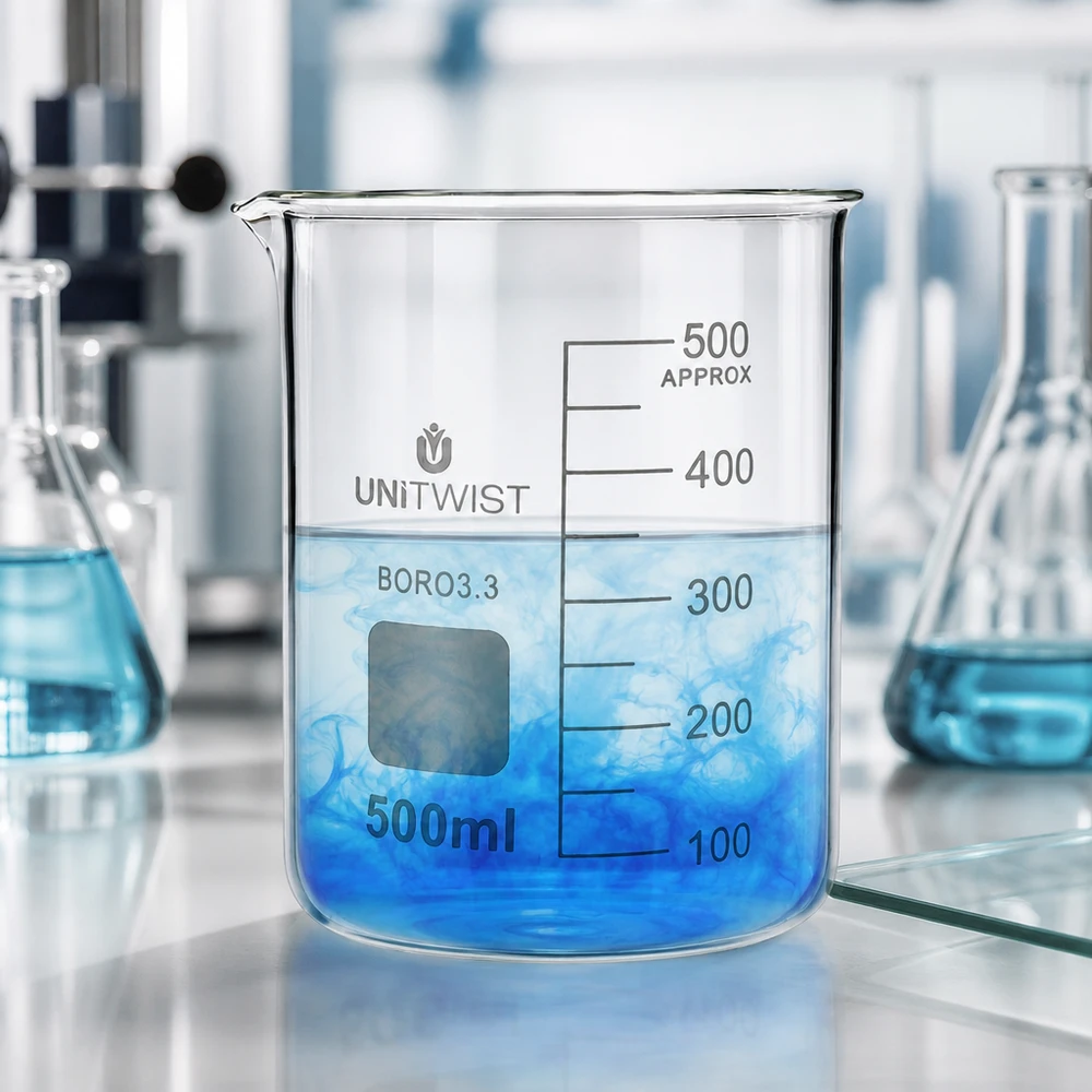 Bicchiere da laboratorio in borosilicato da 500 ml UNiTWIST, forma bassa, con graduazione incisa e beccuccio
