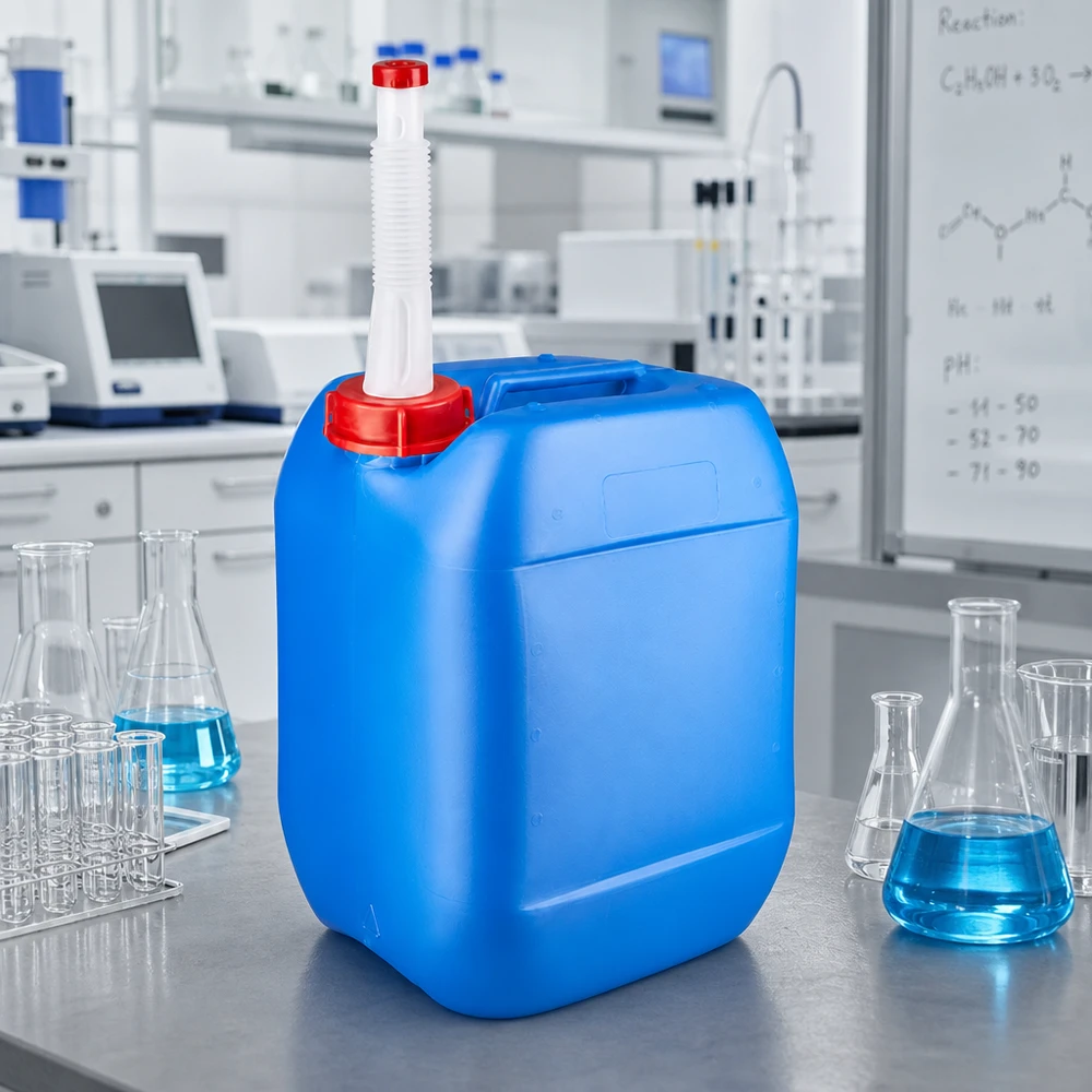 Tanica 10 litri blu con tubo di uscita Flex Robusto contenitore in HDPE da 10 litri di colore blu con beccuccio flessibile bianco in ambiente di laboratorio