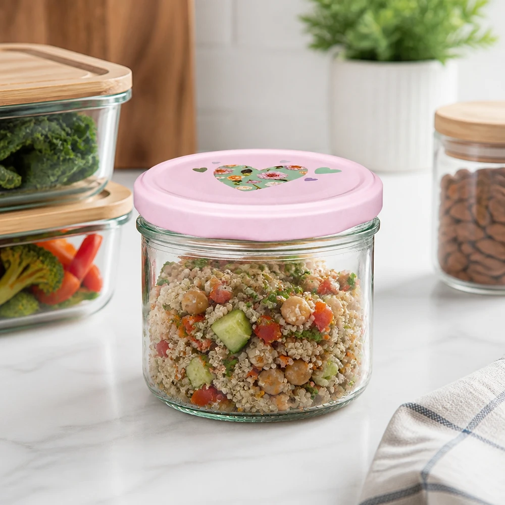 Barattolo cilindrico da 230 ml + coperchio BasicSeal rosa cuore 230ml Zylinderglas mit rosa Herz-Deckel in moderner Küche, ideal für Quinoa-Salat und gesunde Meal-Prep-Gerichte