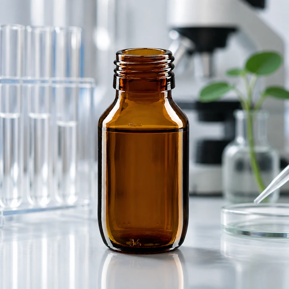 Flacone per medicinali da 50ml marrone, senza tappo PP28 ApoGlas Bottiglia piccola da 50 ml in vetro ambrato senza coperchio Filettatura PP28 per applicazioni di laboratorio