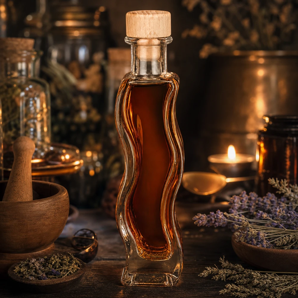 Flacone in vetro da 100 ml Melissa con tappo in sughero con impugnatura in legno UNiTWIST® Flacone in vetro Melissa da 100 ml con contenuto ambrato Tappo in legno Atmosfera da speziale rustico Lume di candela alla lavanda