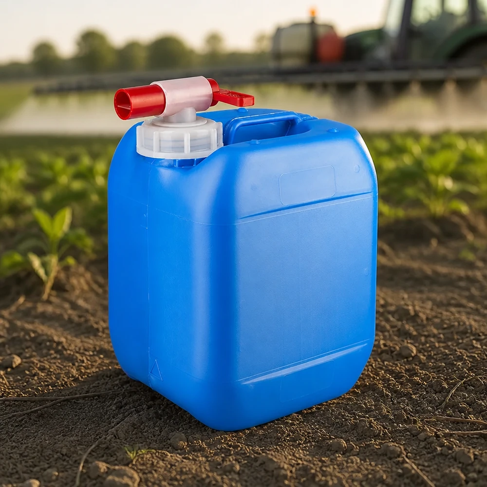 Tanica 5 litri blu con rubinetto di scarico Tanica blu da 5 litri in HDPE con rubinetto di erogazione su un campo coltivato davanti a un trattore durante un'operazione di irrorazione