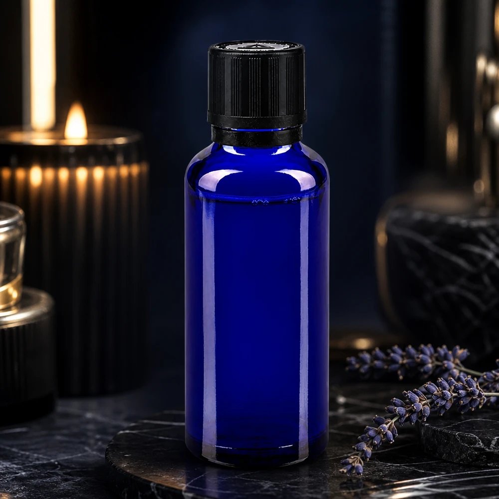 Flacone di vetro blu da 30 ml con tappo a vite nero e chiusura di sicurezza per bambini, per oli essenziali