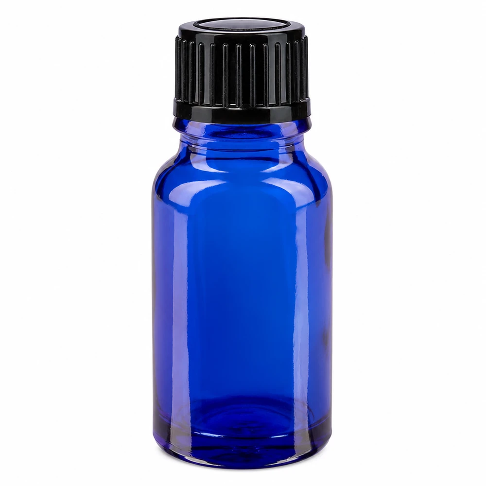Flacone da farmacia in vetro blu da 10 ml con tappo contagocce nero e apertura da 1 mm