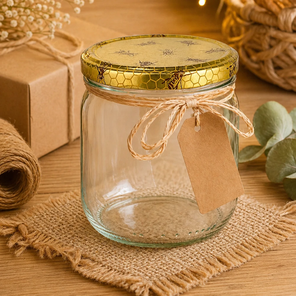 Vasetto per miele da 500 g con capsula con motivo a favo BasicSeal UNiTWIST Vasetto di miele da 500 g con coperchio a nido d'ape e etichetta regalo su tappetino artigianale con decorazione naturale
