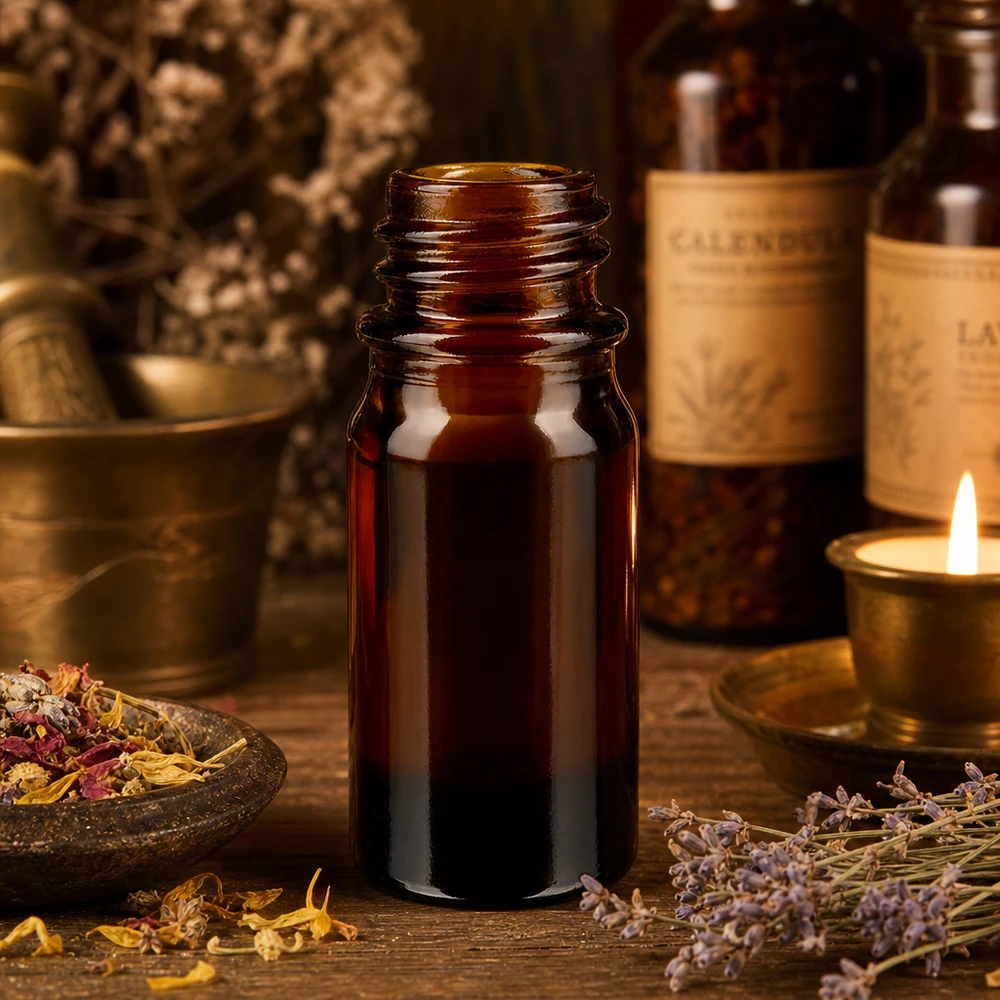Flacone da 5 ml in vetro marrone ApoGlas con erbe officinali, mortaio e candela in un'atmosfera da farmacia naturale