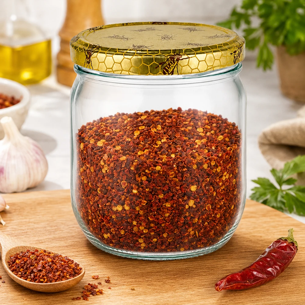 Vasetto per miele da 500 g con capsula con motivo a favo BasicSeal UNiTWIST Vasetto di miele da 500 g con coperchio a nido d'ape riempito di miscela di spezie al peperoncino su una tavola di legno in cucina