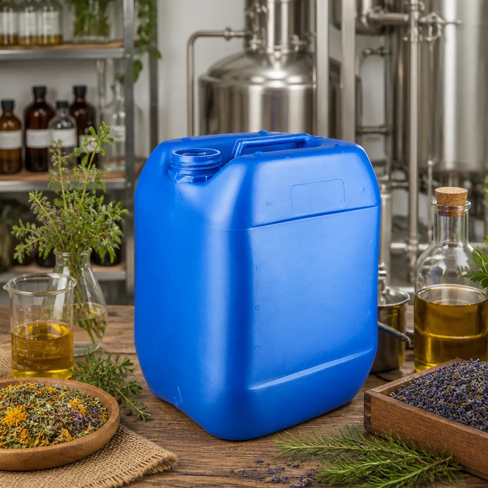 Tanica 10 litri blu senza tappo Tanica blu da 10 litri senza tappo, circondata da erbe e oli essenziali in una distilleria