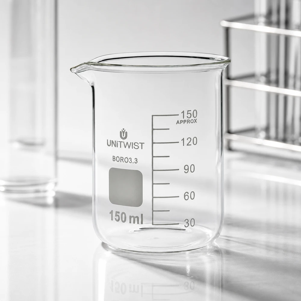 Bicchiere UNiTwist da 150 ml in borosilicato 3.3, di forma bassa, vuoto, su un piano da laboratorio bianco