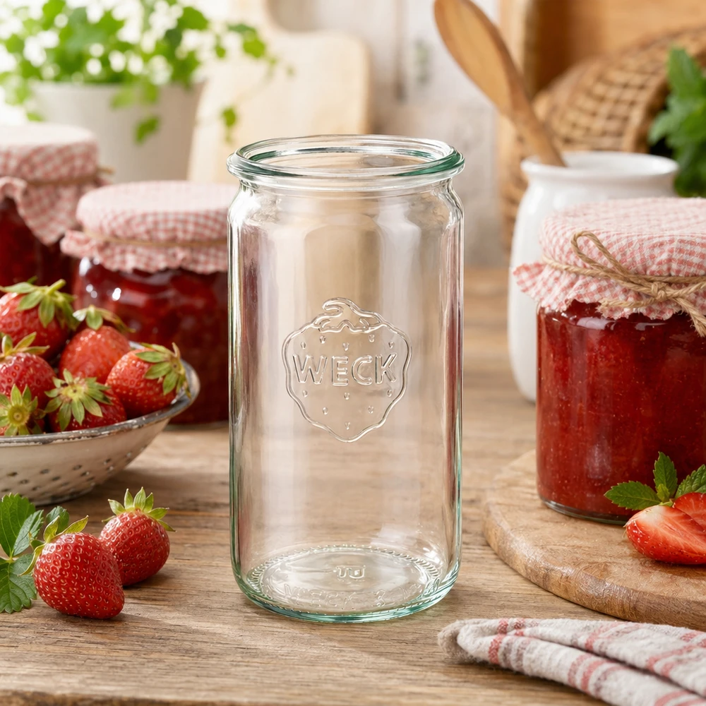 Barattolo cilindrico WECK 340ml RR60 in scena di cucina con fragole e marmellata fatta in casa su tavolo di legno