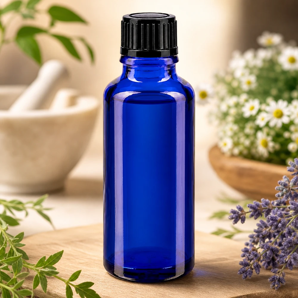 Flacone di vetro blu da 30 ml con tappo nero da 11 mm, circondato da fiori di camomilla ed erbe aromatiche