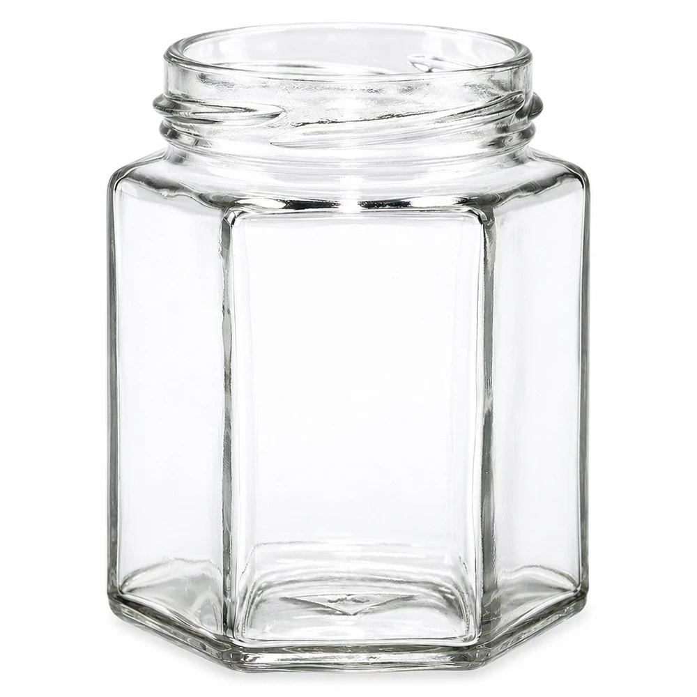 UNiTWIST Hexa196 - Vaso a 6 angoli capacità 196ml TO58 Barattolo esagonale a vite 196ml filettatura TO82 trasparente vuoto senza coperchio per marmellata e miele