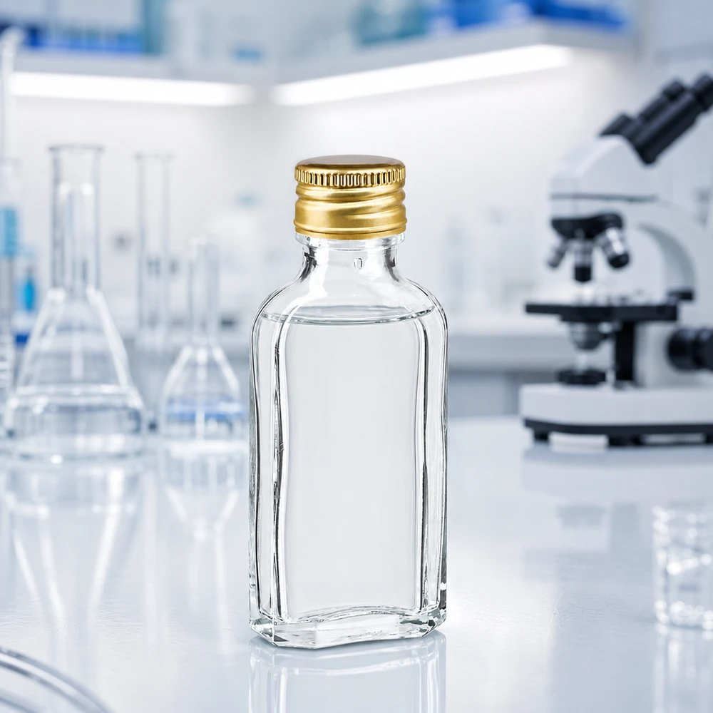 50 ml Meplat trasparente con tappo in alluminio oro PP22 Flacone di vetro trasparente da 50 ml, forma piatta “Meplat”, con tappo a vite in alluminio dorato PP22, in laboratorio